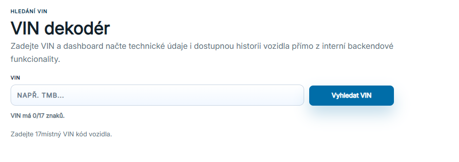 VIN dekodér se vstupním polem a živou kontrolou počtu znaků.