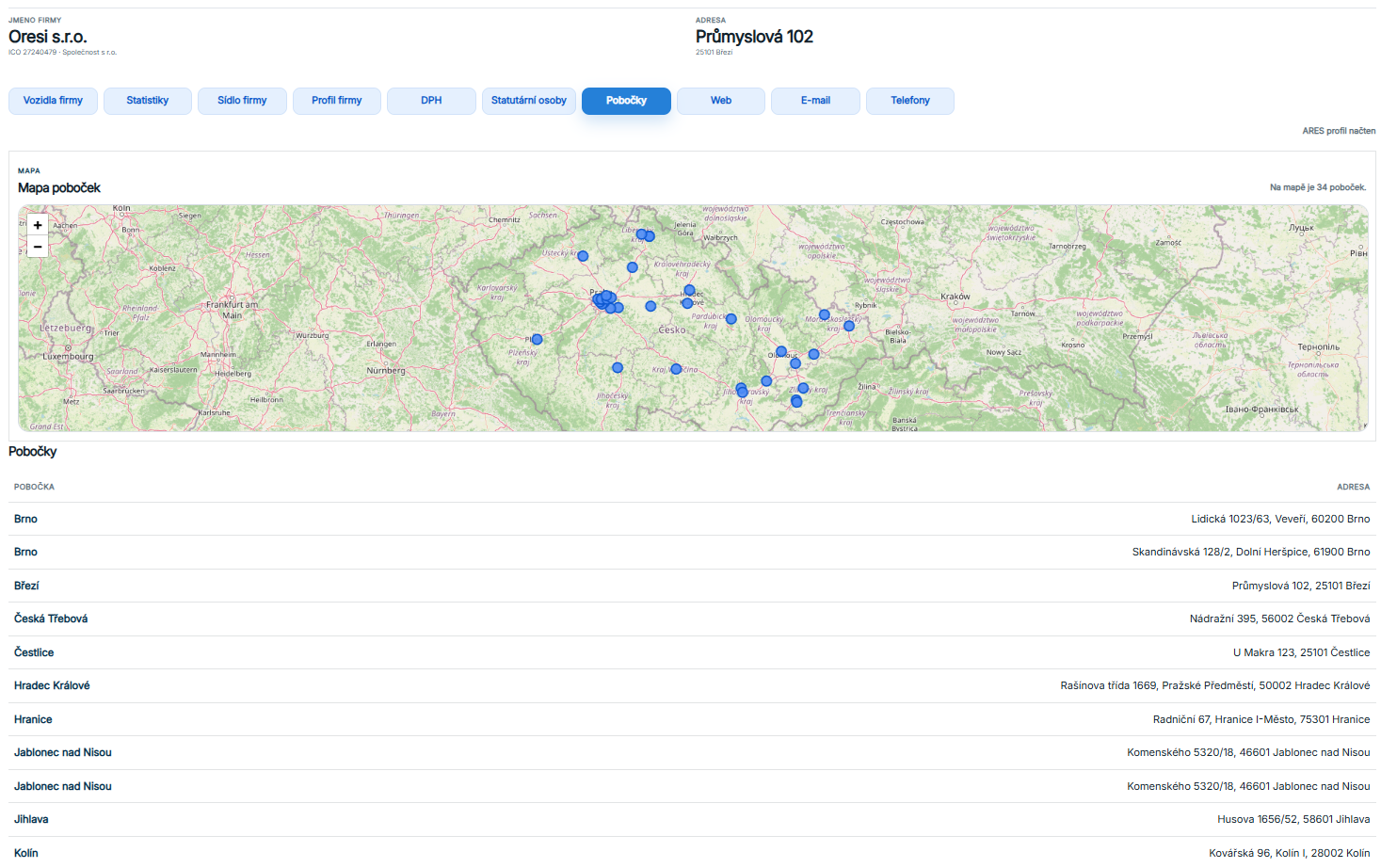 Mapa poboček a seznam provozoven firmy.