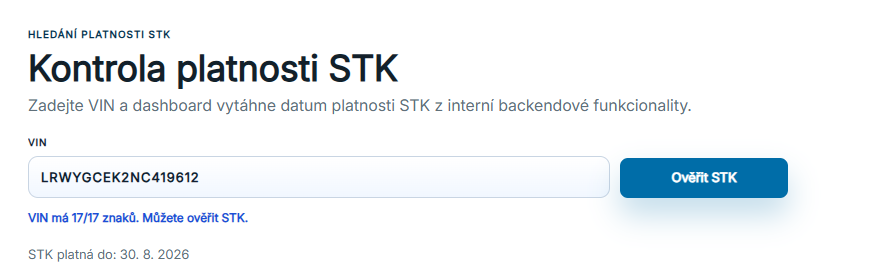 Zadání VIN a ověření platnosti STK.