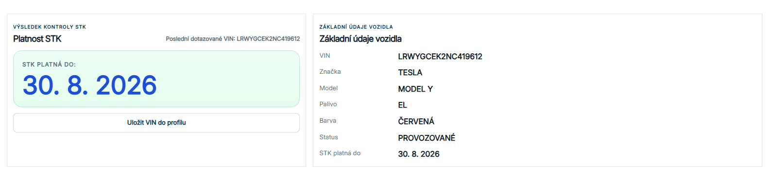 Výsledek kontroly STK a základní údaje vozidla.